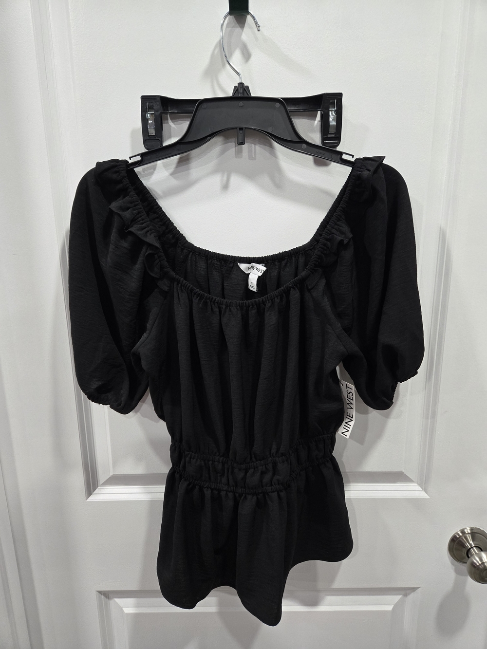 Nine West Black Elastic Waist Off-Shoulder Peasant Top